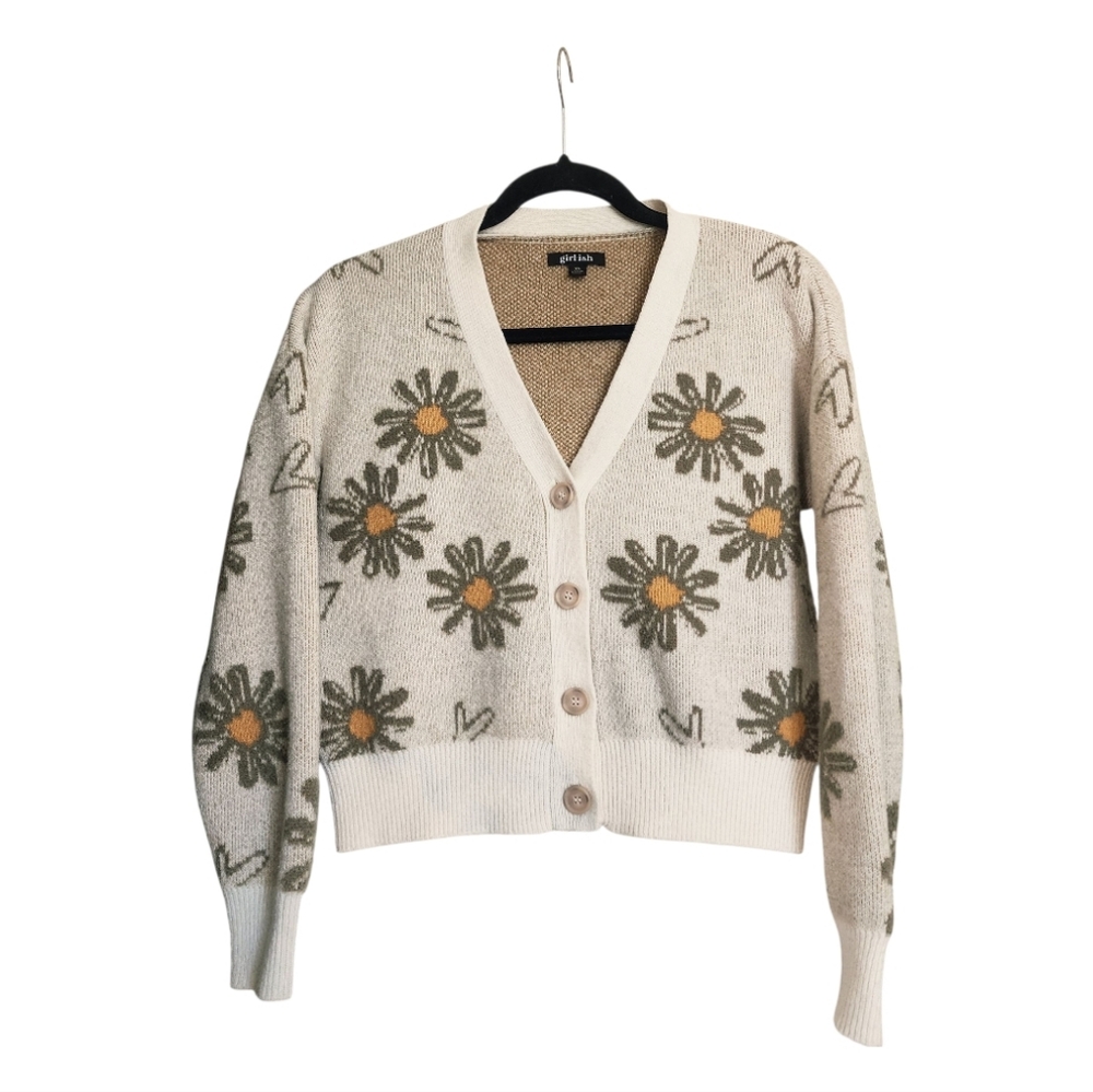 Girlish XS Cardigan Sage Daisy Floral Knit Button Front Cream Green Y2K Boho